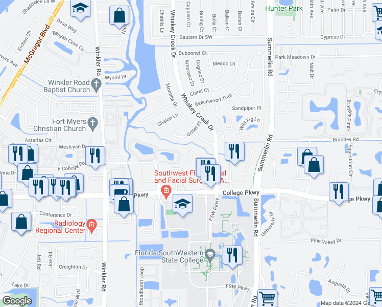 map of restaurants, bars, coffee shops, grocery stores, and more near 5721 Grillet Place in Fort Myers
