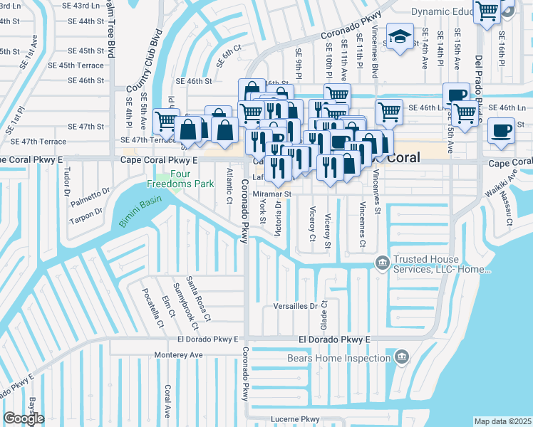 map of restaurants, bars, coffee shops, grocery stores, and more near 28 Miramar Street in Cape Coral