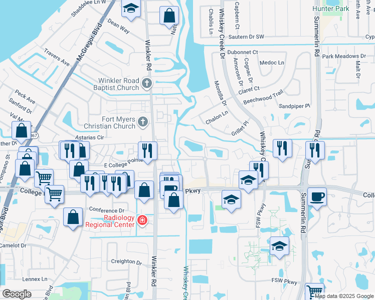 map of restaurants, bars, coffee shops, grocery stores, and more near 8310 Whiskey Preserve Circle in Fort Myers