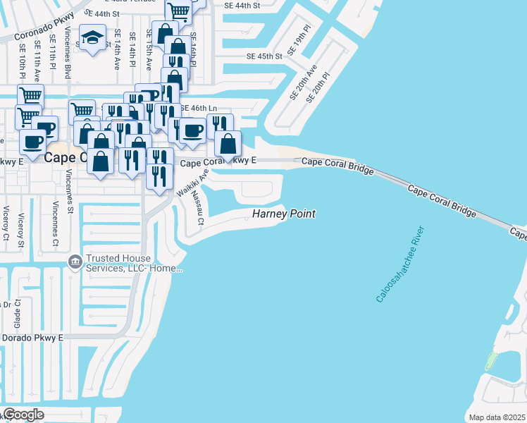 map of restaurants, bars, coffee shops, grocery stores, and more near 1671 Edith Esplanade in Cape Coral