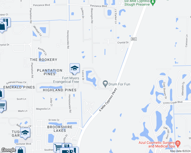 map of restaurants, bars, coffee shops, grocery stores, and more near 12129 Lucca Street in Fort Myers