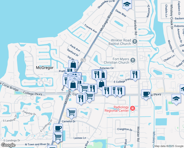 map of restaurants, bars, coffee shops, grocery stores, and more near 12505 McGregor Boulevard in Fort Myers