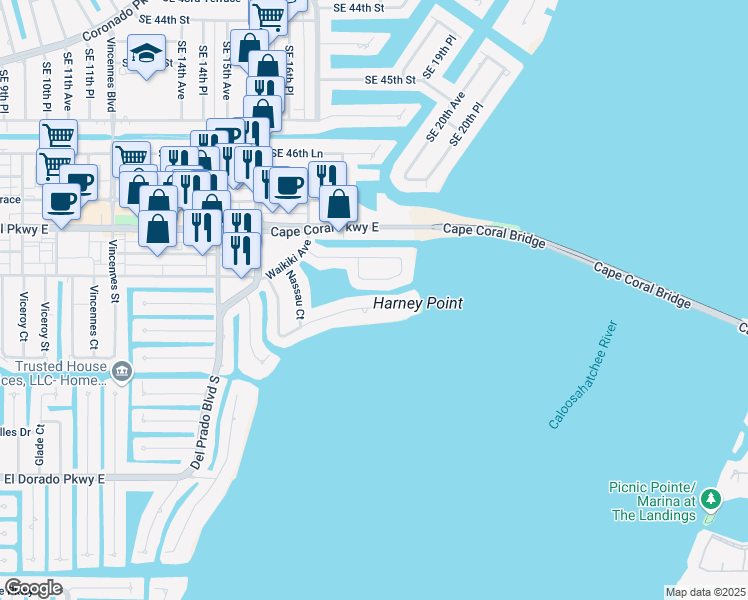 map of restaurants, bars, coffee shops, grocery stores, and more near 1730 Sandy Circle in Cape Coral