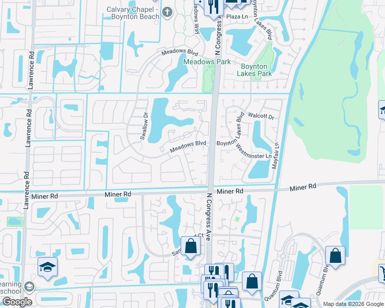 map of restaurants, bars, coffee shops, grocery stores, and more near 302 Meadows Drive in Boynton Beach