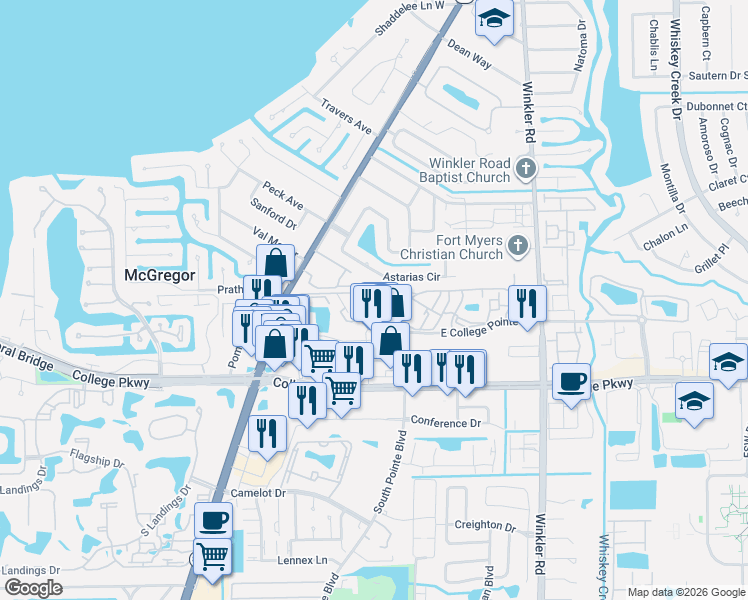 map of restaurants, bars, coffee shops, grocery stores, and more near 12505 McGregor Boulevard in Fort Myers