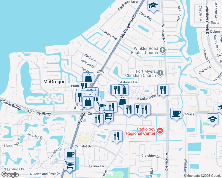 map of restaurants, bars, coffee shops, grocery stores, and more near 12505 McGregor Boulevard in Fort Myers