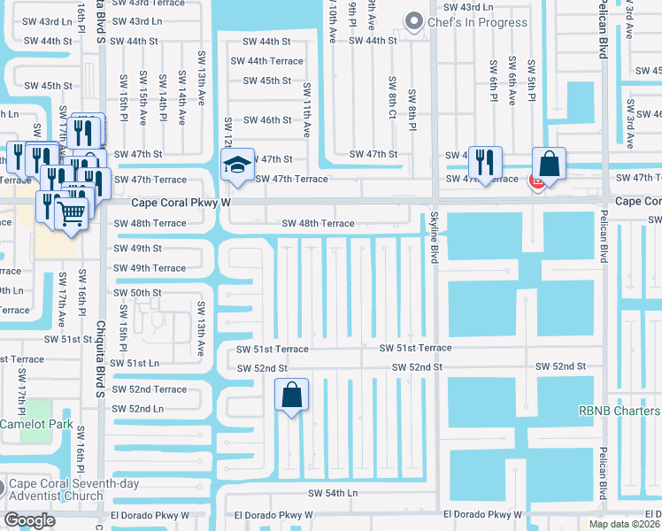 map of restaurants, bars, coffee shops, grocery stores, and more near 4918 Southwest 10th Avenue in Cape Coral