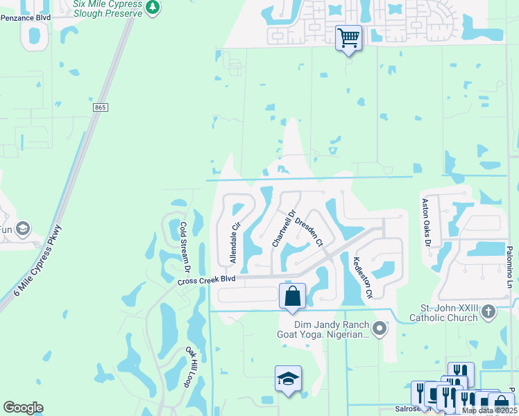map of restaurants, bars, coffee shops, grocery stores, and more near 12711 Allendale Circle in Fort Myers
