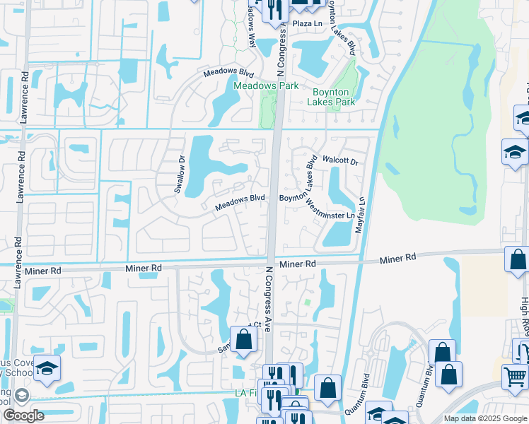 map of restaurants, bars, coffee shops, grocery stores, and more near 24 Meadows Drive in Boynton Beach