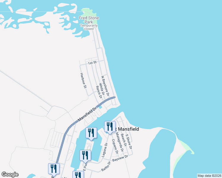 map of restaurants, bars, coffee shops, grocery stores, and more near 201-399 N Shore Rd in Port Mansfield
