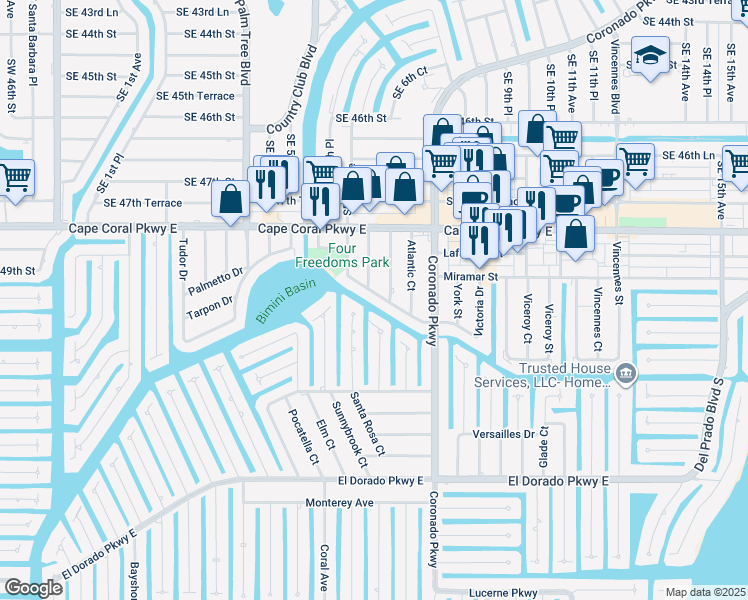 map of restaurants, bars, coffee shops, grocery stores, and more near 632 Victoria Drive in Cape Coral