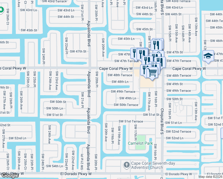map of restaurants, bars, coffee shops, grocery stores, and more near 1921 Southwest 49th Terrace in Cape Coral