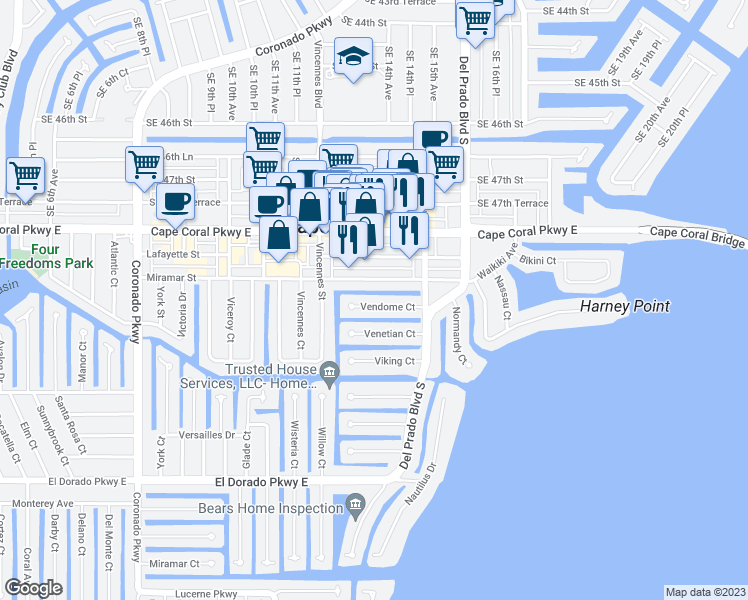 map of restaurants, bars, coffee shops, grocery stores, and more near 1429 Vendome Court in Cape Coral