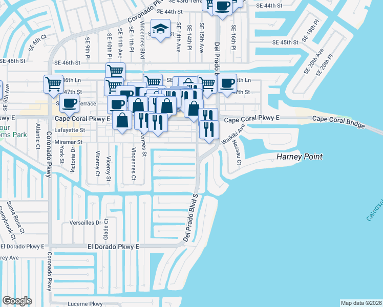 map of restaurants, bars, coffee shops, grocery stores, and more near 1410 Miramar Street in Cape Coral