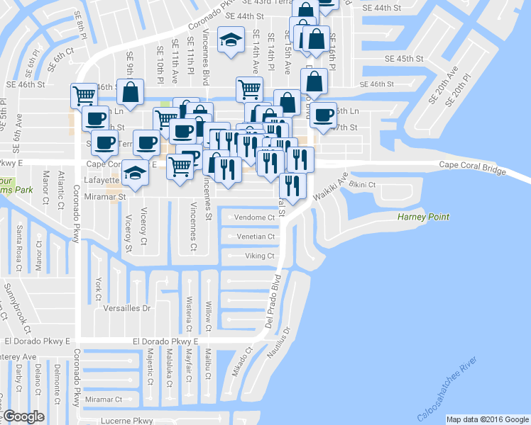 map of restaurants, bars, coffee shops, grocery stores, and more near 1449 Vendome Court in Cape Coral