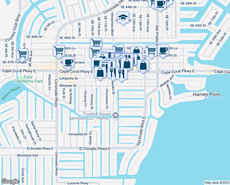 map of restaurants, bars, coffee shops, grocery stores, and more near 1210 Miramar Street in Cape Coral