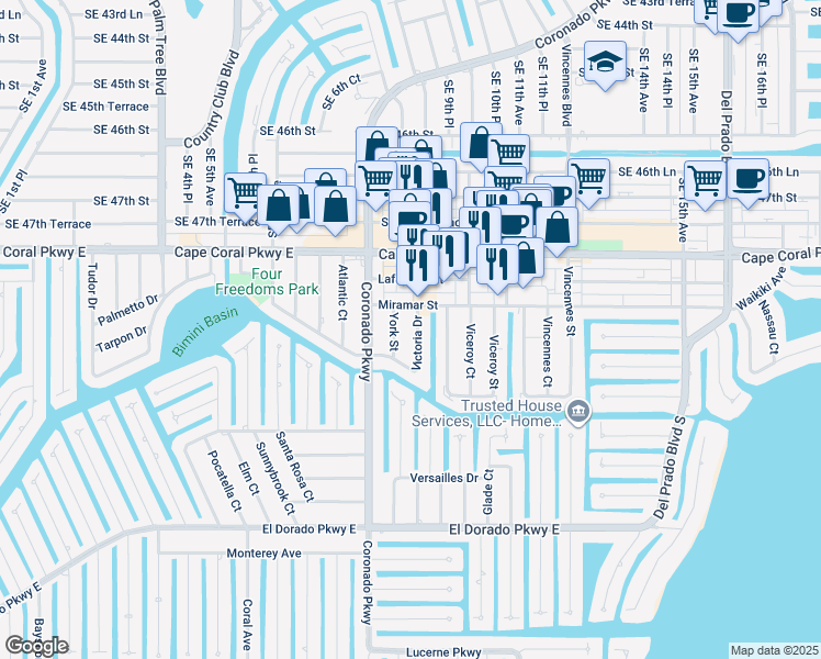 map of restaurants, bars, coffee shops, grocery stores, and more near 28 Miramar Street in Cape Coral