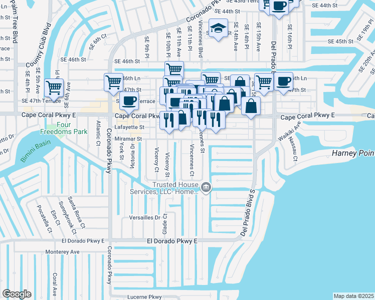 map of restaurants, bars, coffee shops, grocery stores, and more near 4912 Vincennes Court in Cape Coral