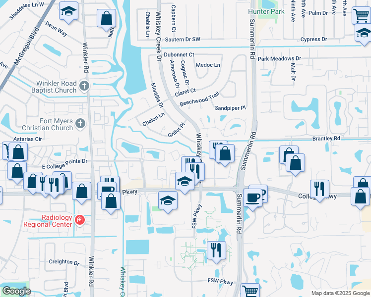 map of restaurants, bars, coffee shops, grocery stores, and more near 6120 Whiskey Creek Drive in Fort Myers