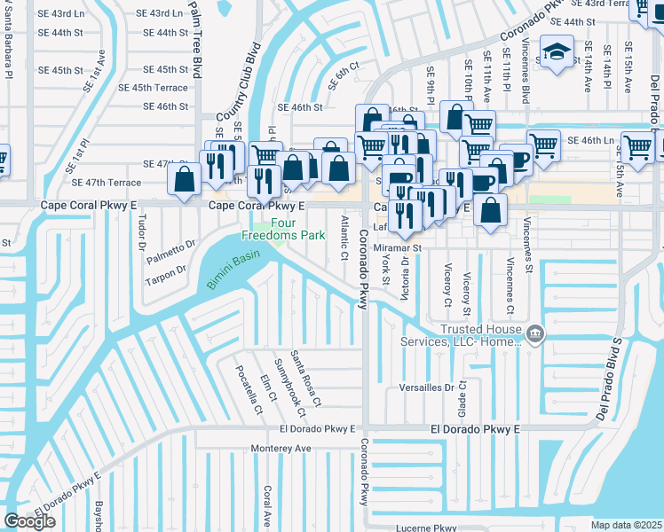 map of restaurants, bars, coffee shops, grocery stores, and more near 4845 Manor Court in Cape Coral