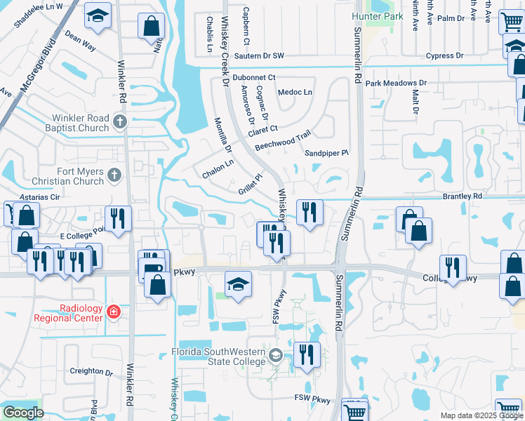 map of restaurants, bars, coffee shops, grocery stores, and more near 5781 Reims Place in Fort Myers