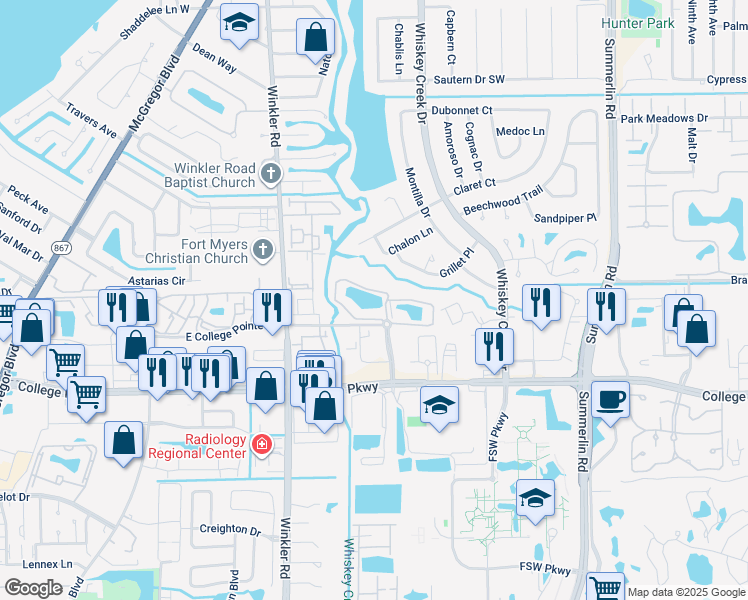 map of restaurants, bars, coffee shops, grocery stores, and more near 8345 Whiskey Preserve Circle in Fort Myers