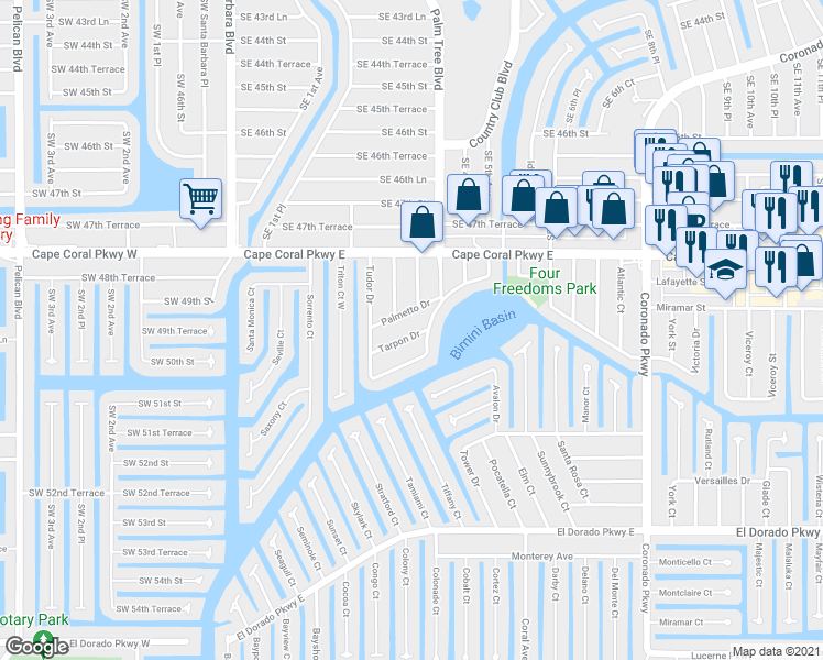 map of restaurants, bars, coffee shops, grocery stores, and more near 320 Palmetto Drive in Cape Coral