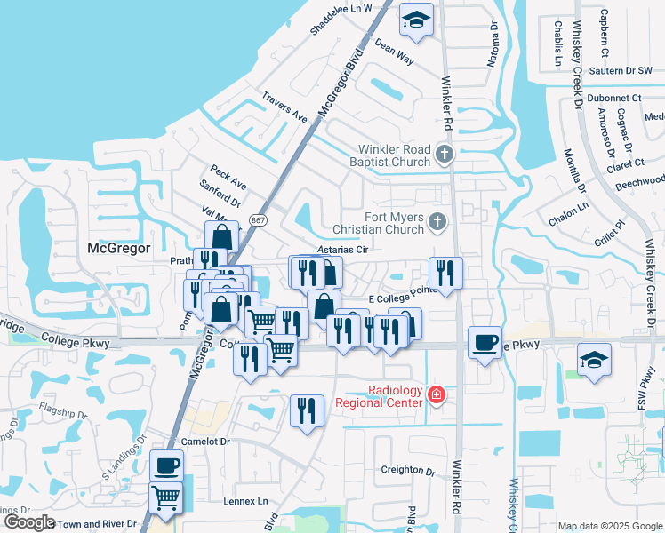 map of restaurants, bars, coffee shops, grocery stores, and more near 8751 Wesleyan Drive in Fort Myers