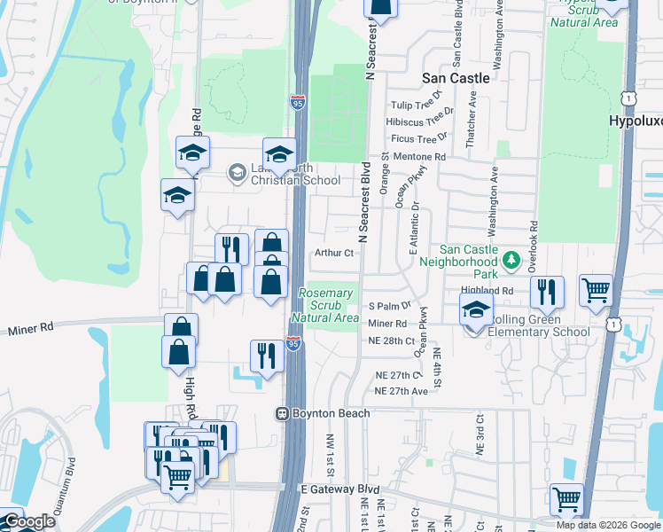 map of restaurants, bars, coffee shops, grocery stores, and more near 120 Arthur Court in Boynton Beach