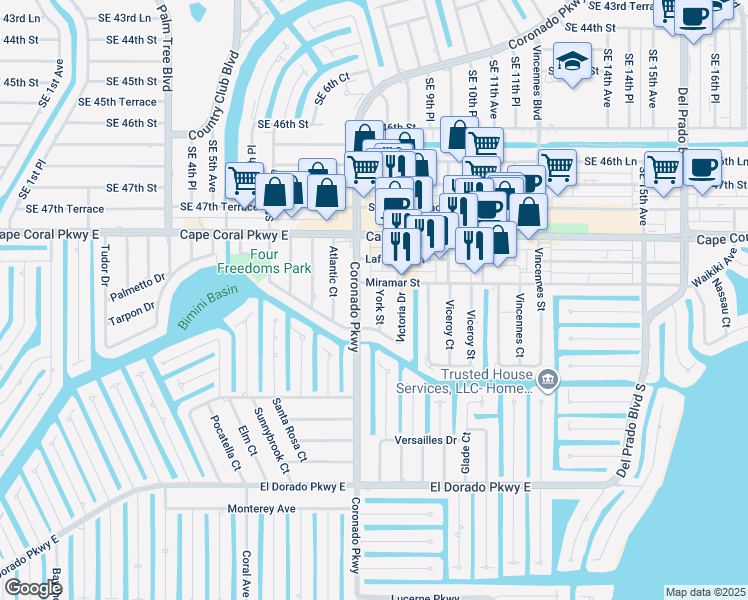map of restaurants, bars, coffee shops, grocery stores, and more near 28 Miramar Street in Cape Coral