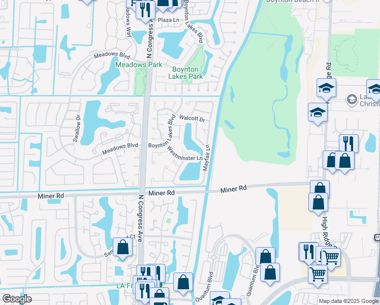 map of restaurants, bars, coffee shops, grocery stores, and more near 13 Finsbury Lane in Boynton Beach