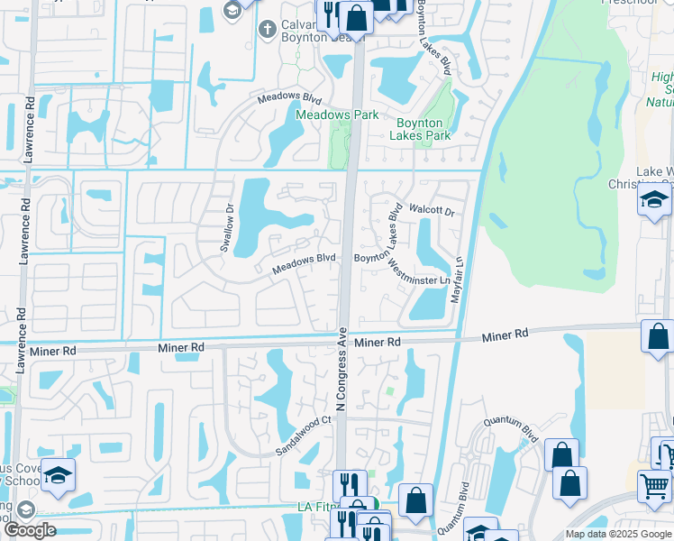 map of restaurants, bars, coffee shops, grocery stores, and more near 24 Meadows Drive in Boynton Beach