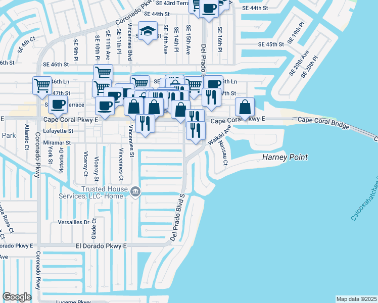 map of restaurants, bars, coffee shops, grocery stores, and more near 1502 Miramar Street in Cape Coral