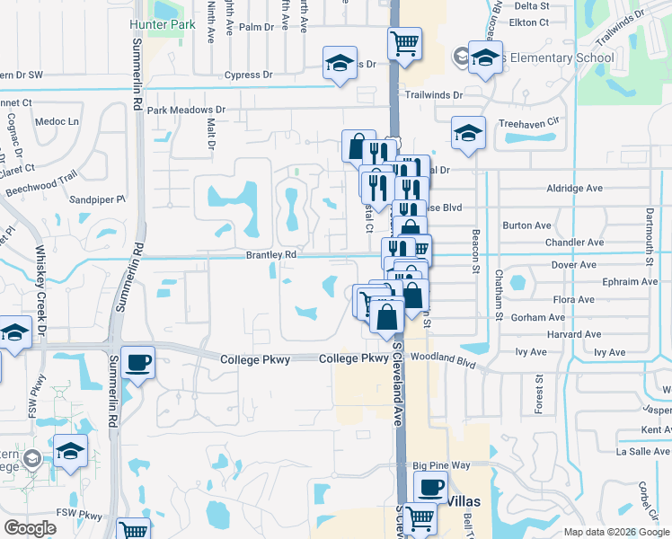 map of restaurants, bars, coffee shops, grocery stores, and more near 12500 Equestrian Circle in Fort Myers