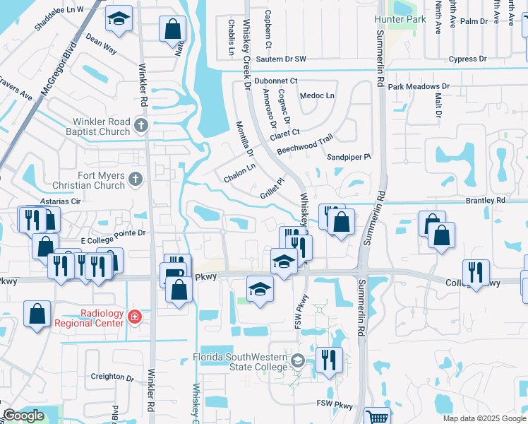 map of restaurants, bars, coffee shops, grocery stores, and more near 6142 Whiskey Creek Drive in Fort Myers