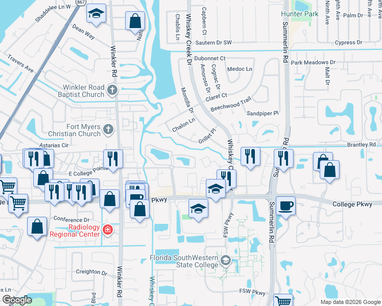 map of restaurants, bars, coffee shops, grocery stores, and more near 8261 Pathfinder Loop in Fort Myers