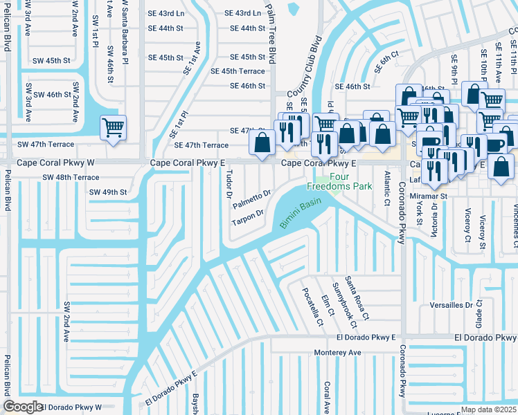 map of restaurants, bars, coffee shops, grocery stores, and more near 320 Palmetto Drive in Cape Coral
