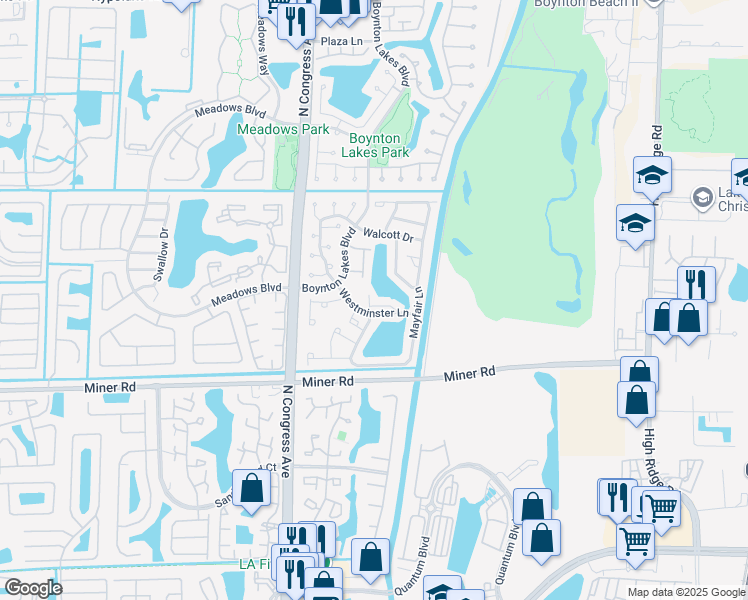 map of restaurants, bars, coffee shops, grocery stores, and more near 13 Finsbury Lane in Boynton Beach