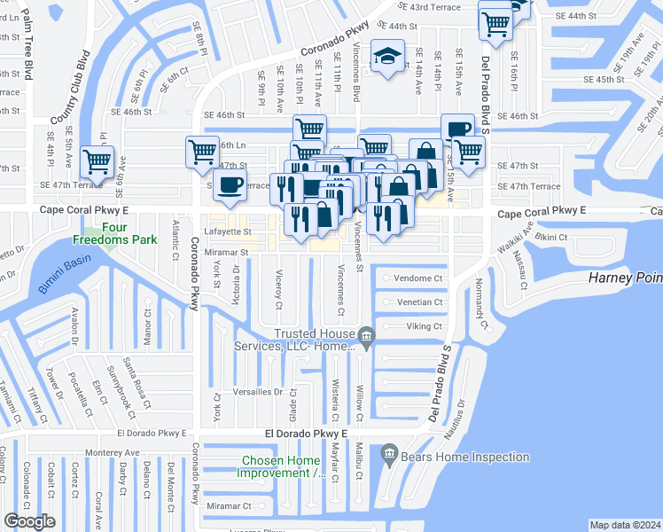 map of restaurants, bars, coffee shops, grocery stores, and more near 4913 Vincennes Court in Cape Coral