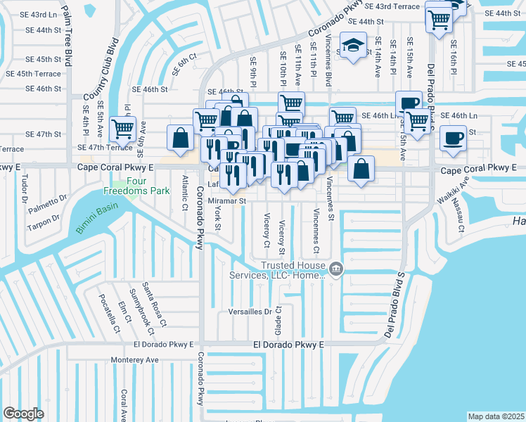 map of restaurants, bars, coffee shops, grocery stores, and more near 4902 Viceroy Court in Cape Coral