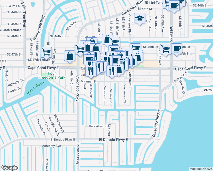 map of restaurants, bars, coffee shops, grocery stores, and more near 4902 Viceroy Court in Cape Coral