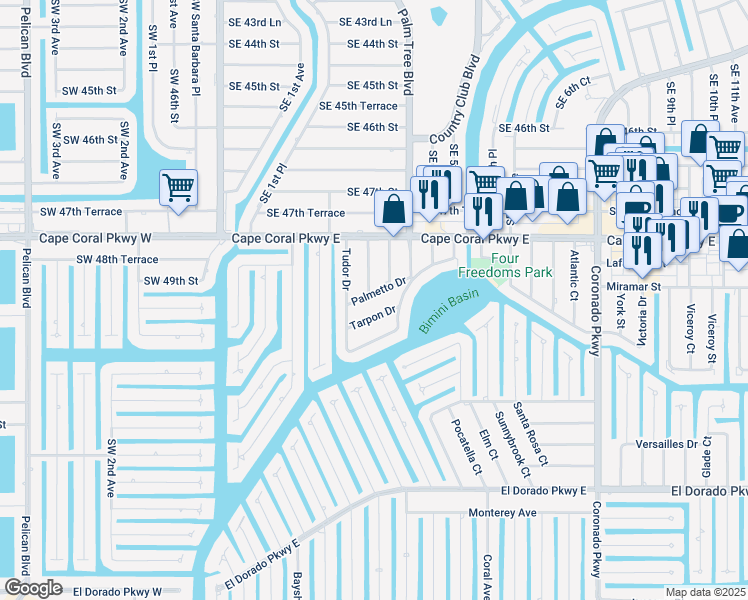 map of restaurants, bars, coffee shops, grocery stores, and more near 320 Palmetto Drive in Cape Coral