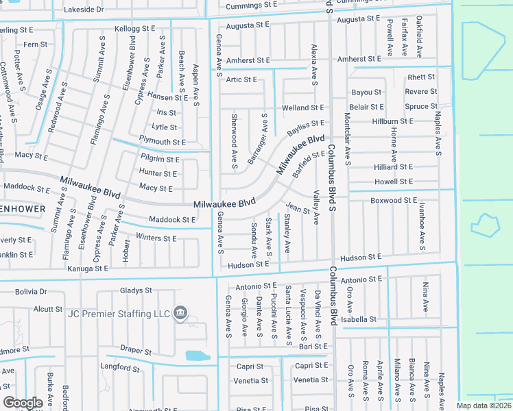 map of restaurants, bars, coffee shops, grocery stores, and more near 1120 Milwaukee Boulevard in Lehigh Acres