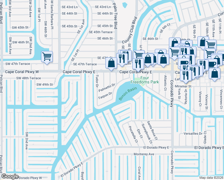 map of restaurants, bars, coffee shops, grocery stores, and more near 339 Tarpon Drive in Cape Coral