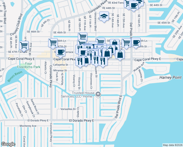 map of restaurants, bars, coffee shops, grocery stores, and more near 4913 Vincennes Court in Cape Coral