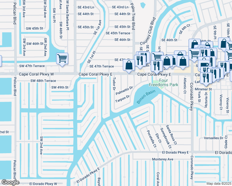 map of restaurants, bars, coffee shops, grocery stores, and more near 4838 Tudor Drive in Cape Coral