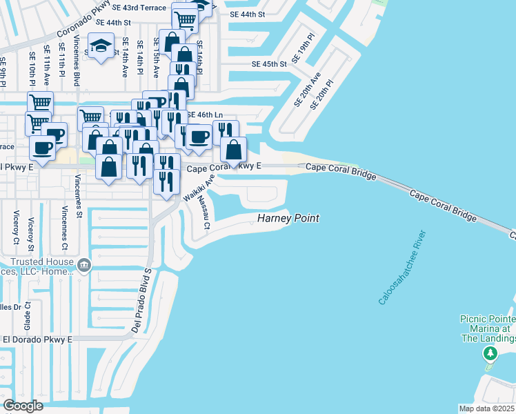 map of restaurants, bars, coffee shops, grocery stores, and more near 1730 Sandy Circle in Cape Coral