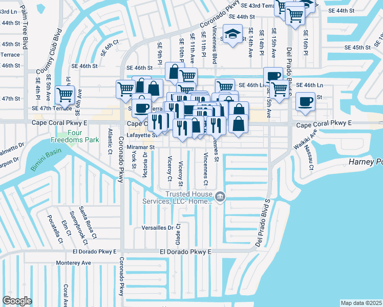 map of restaurants, bars, coffee shops, grocery stores, and more near 4951 Viceroy Street in Cape Coral
