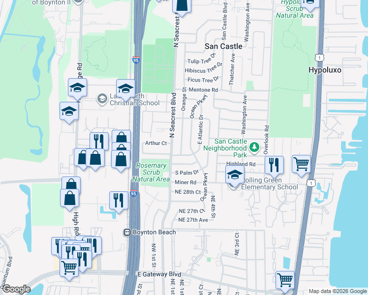 map of restaurants, bars, coffee shops, grocery stores, and more near 3150 Orange Street in Boynton Beach