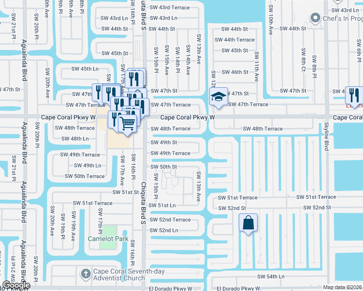 map of restaurants, bars, coffee shops, grocery stores, and more near 1424 Southwest 49th Street in Cape Coral